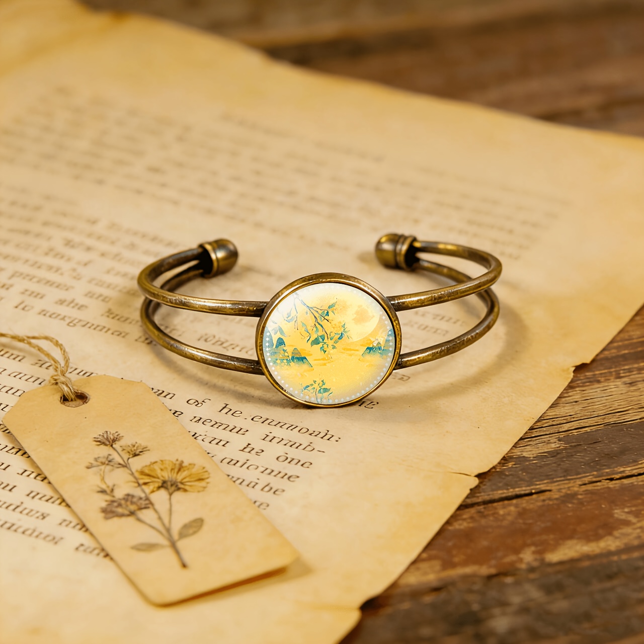 Antique Cyan Double-Layer Adjustable Opening Bracelet with Starry Landscape Design